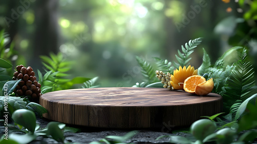 Fototapeta Naklejka Na Ścianę i Meble -  Lush Greenery 3D Wooden Product Display