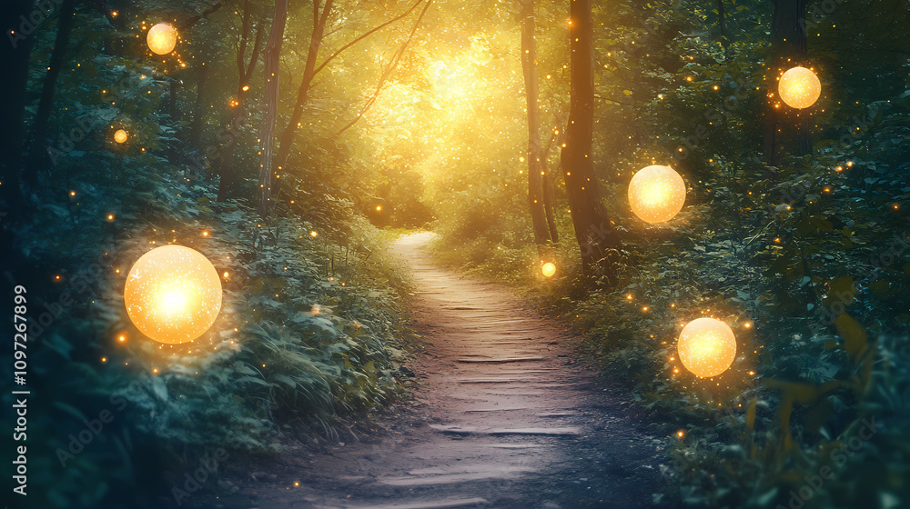 Mystical forest path with glowing spheres and starry sky. Starlit Cosmic Path. Illustration Mystical forest path with glowing spheres and starry sky. Starlit Cosmic Path. Illustration