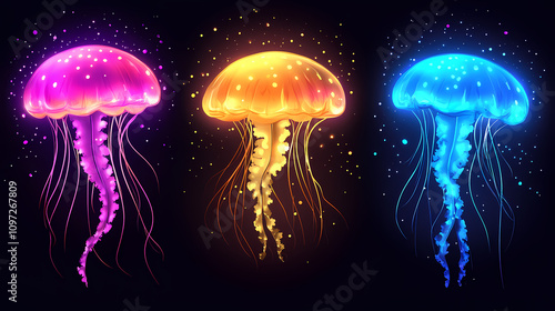Neon-colored jellyfish floating gracefully in a dark ocean with a glowing aura. Floating Jellyfish Glow. Illustration