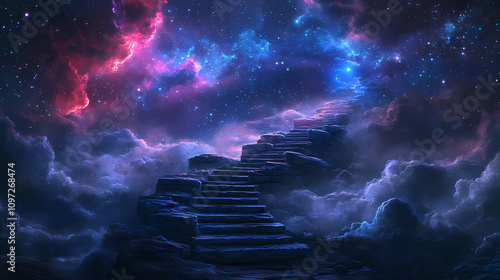 Ethereal night scene of stone staircase leading into the starry sky, symbolizing a journey or ascent into the heavens under a tranquil, mystical ambiance. Starlit Cosmic Path. Illustration