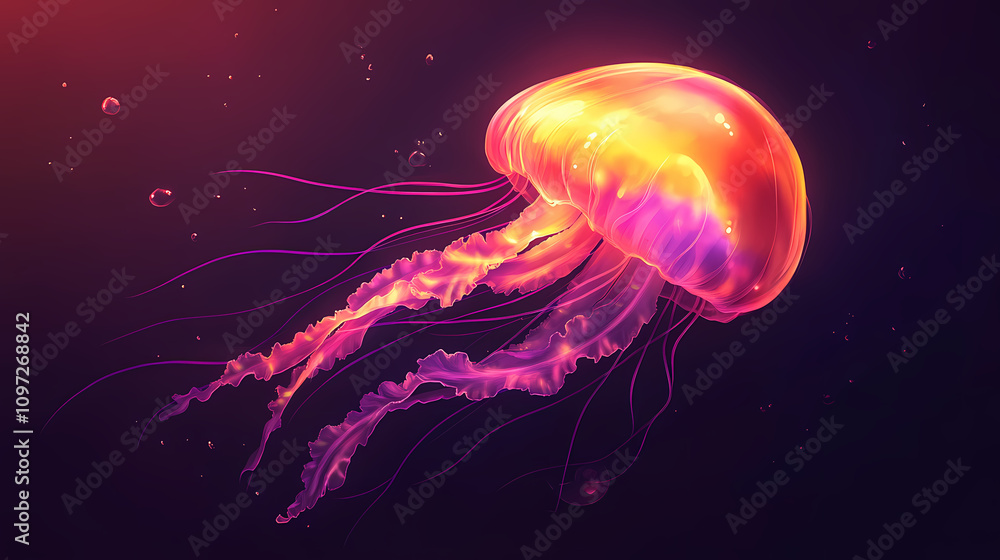 Naklejka premium A glowing jellyfish floats gracefully through the dark ocean waters. Floating Jellyfish Glow. Illustration