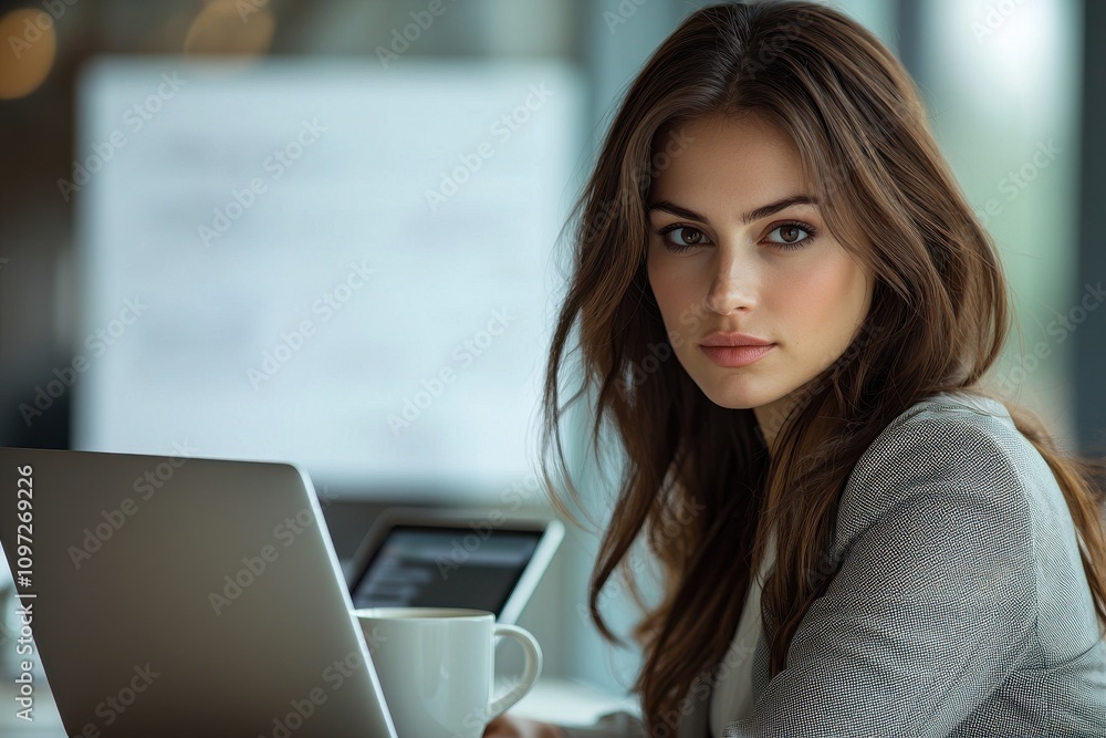Confident businesswoman working at desk with laptop and coffee Confident businesswoman working at desk with laptop and coffee