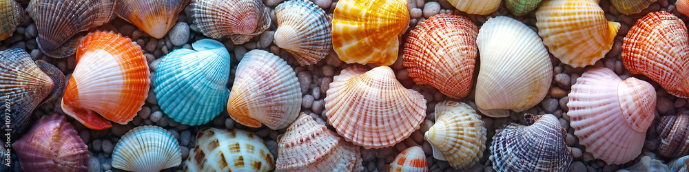 A colorful collection of seashells, displayed meticulously on a textured surface. A colorful collection of seashells, displayed meticulously on a textured surface.
