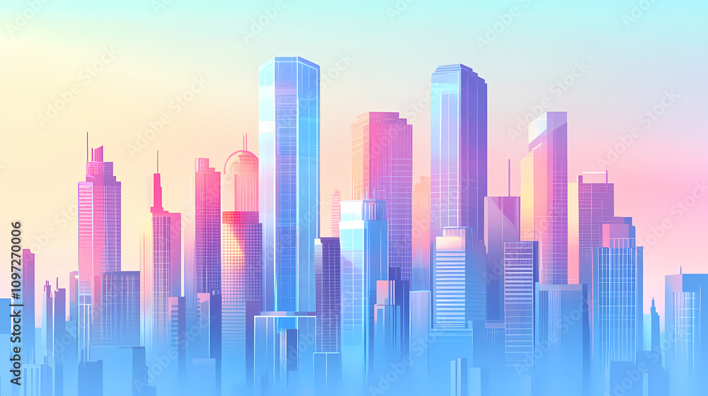 Futuristic cityscape with glassy skyscrapers under a clear sky. Futuristic Glass City. Illustration Futuristic cityscape with glassy skyscrapers under a clear sky. Futuristic Glass City. Illustration