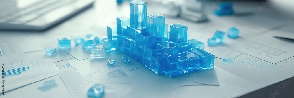 Abstract blue glass structure on a white table with charts and papers. Abstract blue glass structure on a white table with charts and papers.