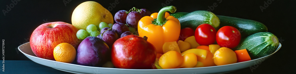 A vibrant assortment of fruits and vegetables, arranged artistically in a small bowl. A vibrant assortment of fruits and vegetables, arranged artistically in a small bowl.