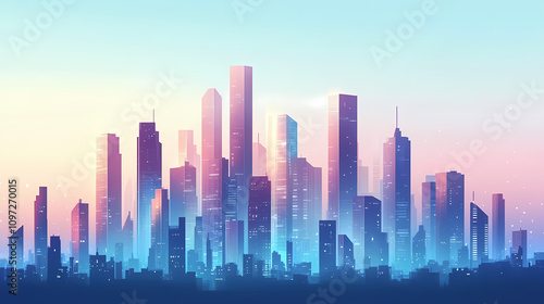 Futuristic cityscape with glassy skyscrapers under a clear sky. Futuristic Glass City. Illustration