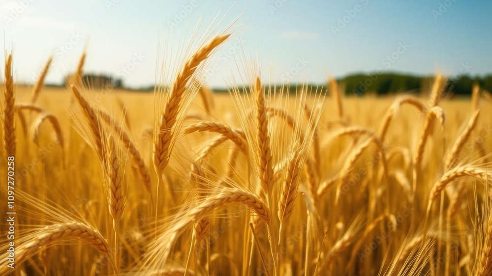 Fototapeta premium Closeup of golden ripe wheat ears in a field during harvest season, agriculture, golden