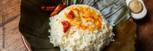 Close-up of traditional Indonesian culinary food, Nasi Rames rice wrapped in teak leaves, on wooden table, food photography, teak leaves photo