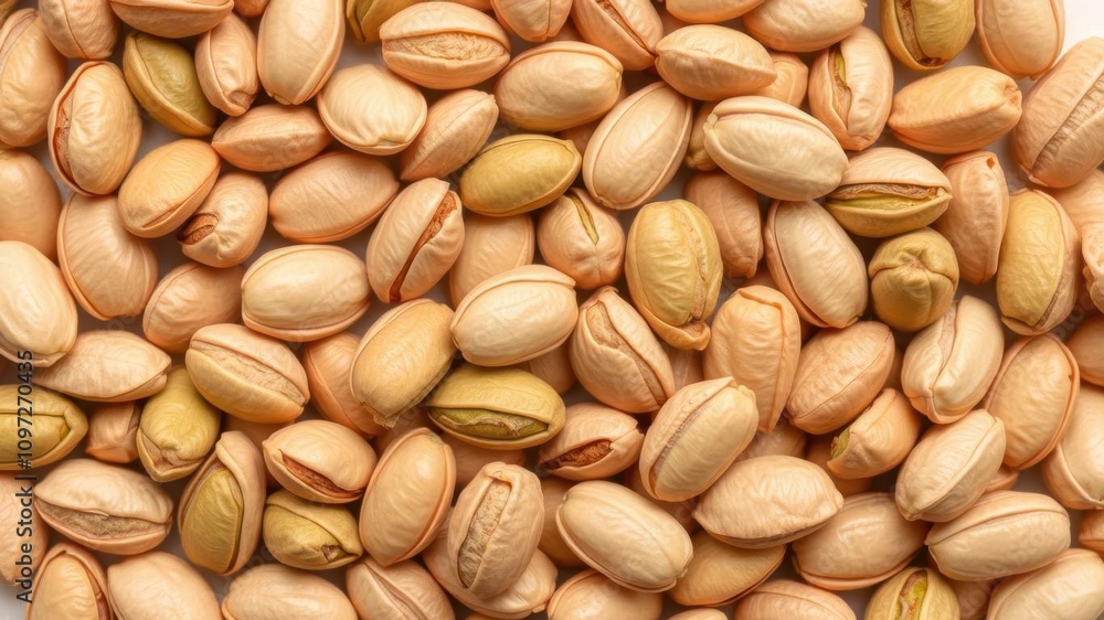 Close-up top view of pistachio nuts without shells, showcasing a pile of whole nut kernels, kernels, baking Close-up top view of pistachio nuts without shells, showcasing a pile of whole nut kernels, kernels, baking