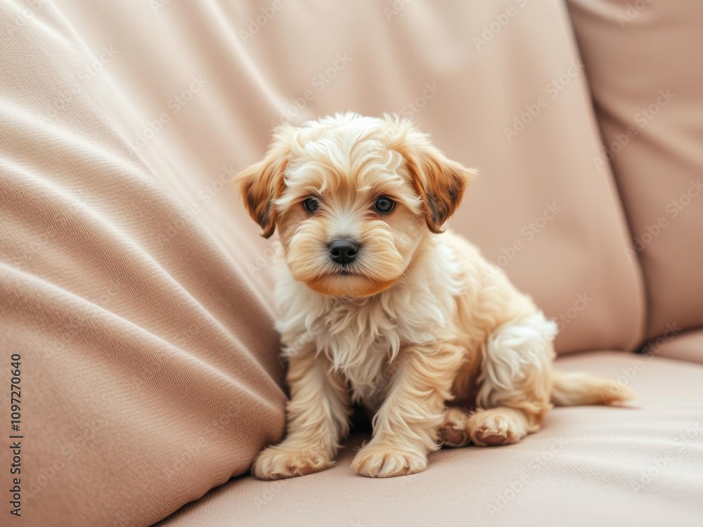 Cute cavoodle puppy sitting on couch with adorable expression, domestic, fluffy Cute cavoodle puppy sitting on couch with adorable expression, domestic, fluffy