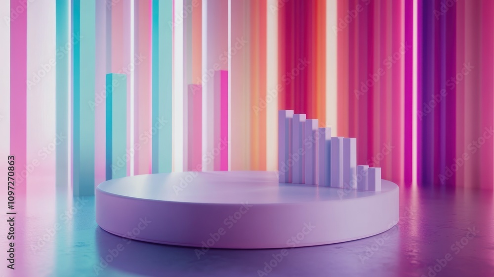 Abstract pastel background with white podium and bar chart. Abstract pastel background with white podium and bar chart.