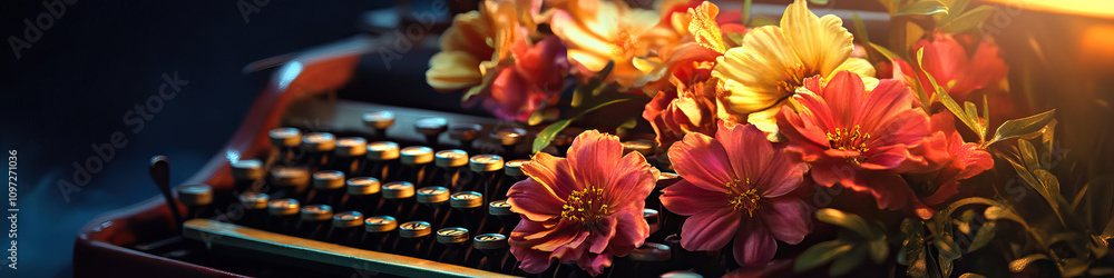 A vivid bouquet of flowers erupting from an ancient typewriter, their petals softly illuminated by a warm lamp. A vivid bouquet of flowers erupting from an ancient typewriter, their petals softly illuminated by a warm lamp.
