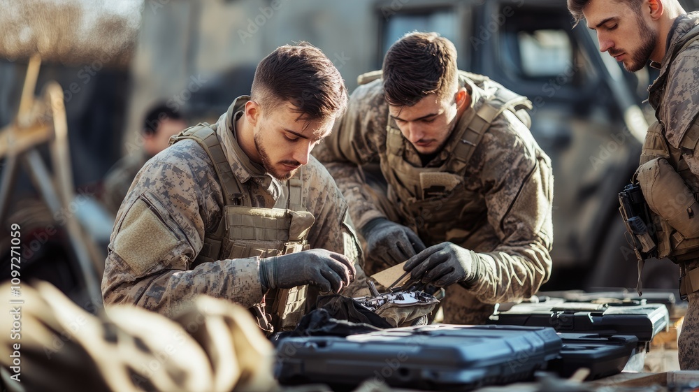 Young men in military gear inspect equipment outdoors Young men in military gear inspect equipment outdoors
