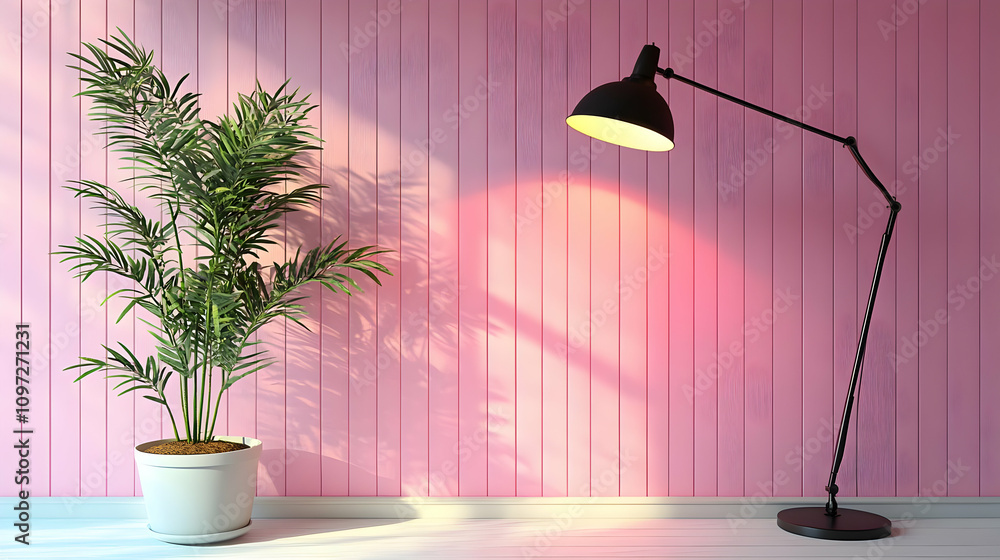 Pink Wall 3D Render with Plant and Lamp Pink Wall 3D Render with Plant and Lamp