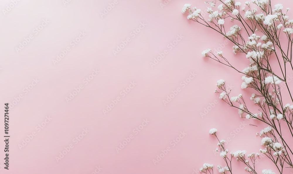 Delicate white flowers arranged on a pink background, leaving ample copy space. Perfect for invitations, greeting cards, or blogs. Delicate white flowers arranged on a pink background, leaving ample copy space. Perfect for invitations, greeting cards, or blogs.
