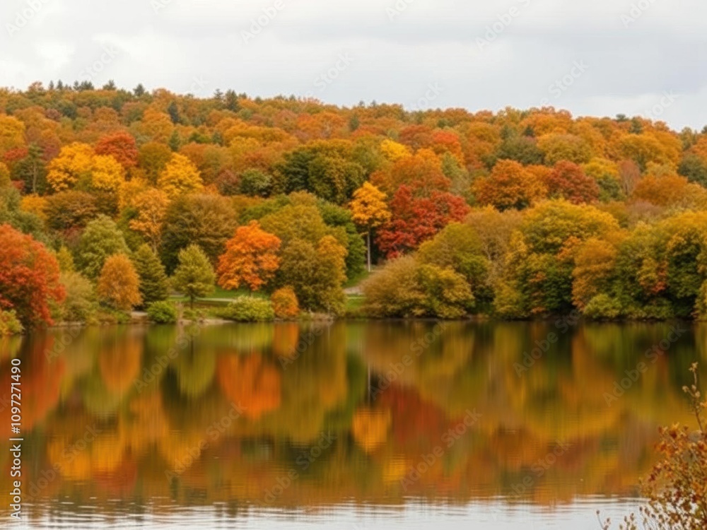 Autumn leaves in Stourhead garden reflecting on calm lake surface with vibrant trees in background, beauty, trees Autumn leaves in Stourhead garden reflecting on calm lake surface with vibrant trees in background, beauty, trees