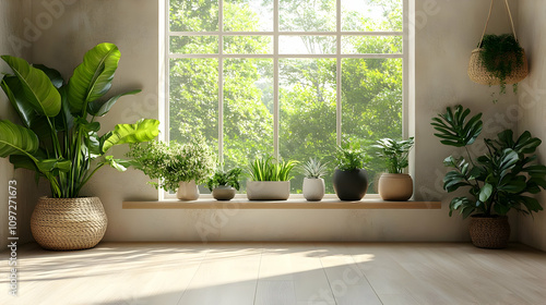 Sunlit Room with Houseplants, 3D Illustration