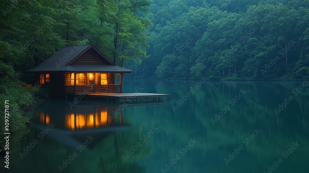 Fototapeta premium A small wooden cabin with lights on sits on a wooden dock extending out over a calm lake, with a forest in the background.
