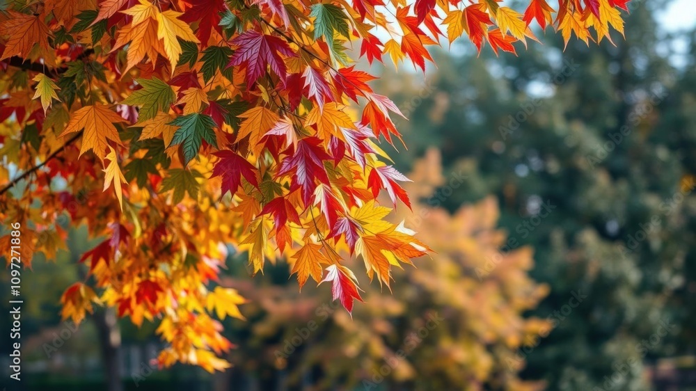 Colorful autumn leaves hanging from a tree in a vibrant fall park setting, colorful, backdrop Colorful autumn leaves hanging from a tree in a vibrant fall park setting, colorful, backdrop