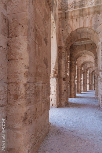 Old archaeological corridors and arcades built of stone bricks