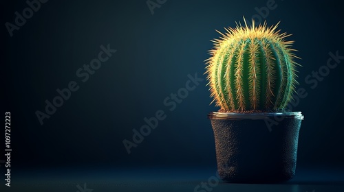 A small, potted cactus with a dark background and soft lighting.