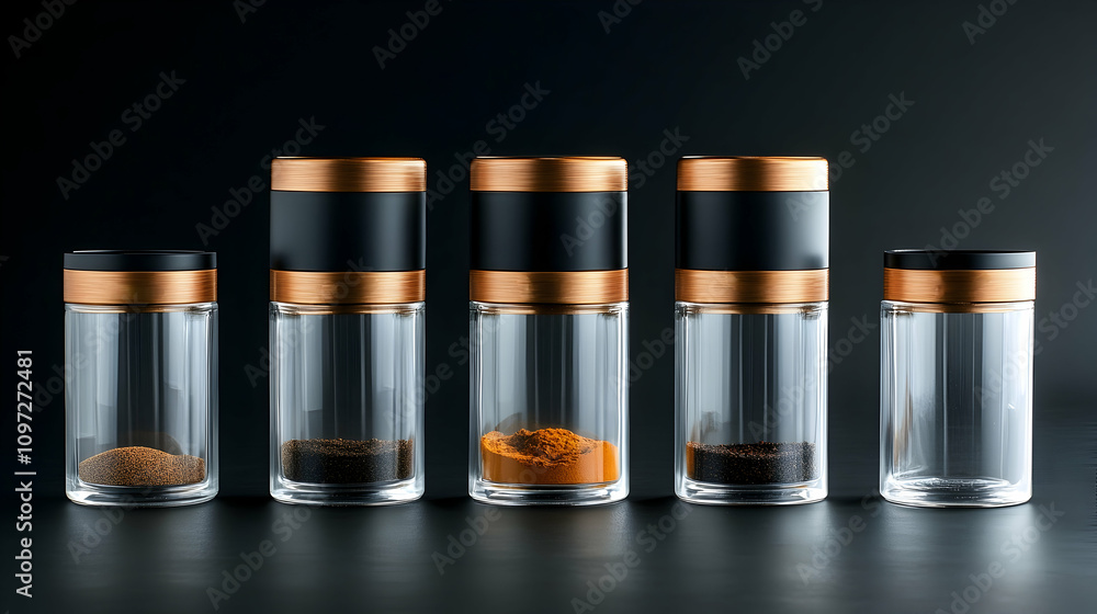 Five glass jars with copper lids containing various powders on a black background. Five glass jars with copper lids containing various powders on a black background.