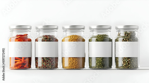 Fototapeta Naklejka Na Ścianę i Meble -  Five glass spice jars with blank labels on a white shelf.