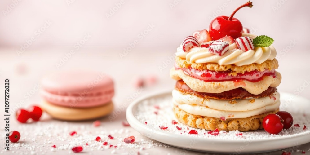 Holiday macaron, cherry and mascarpone trifle dessert on a white background, holiday, sweet Holiday macaron, cherry and mascarpone trifle dessert on a white background, holiday, sweet