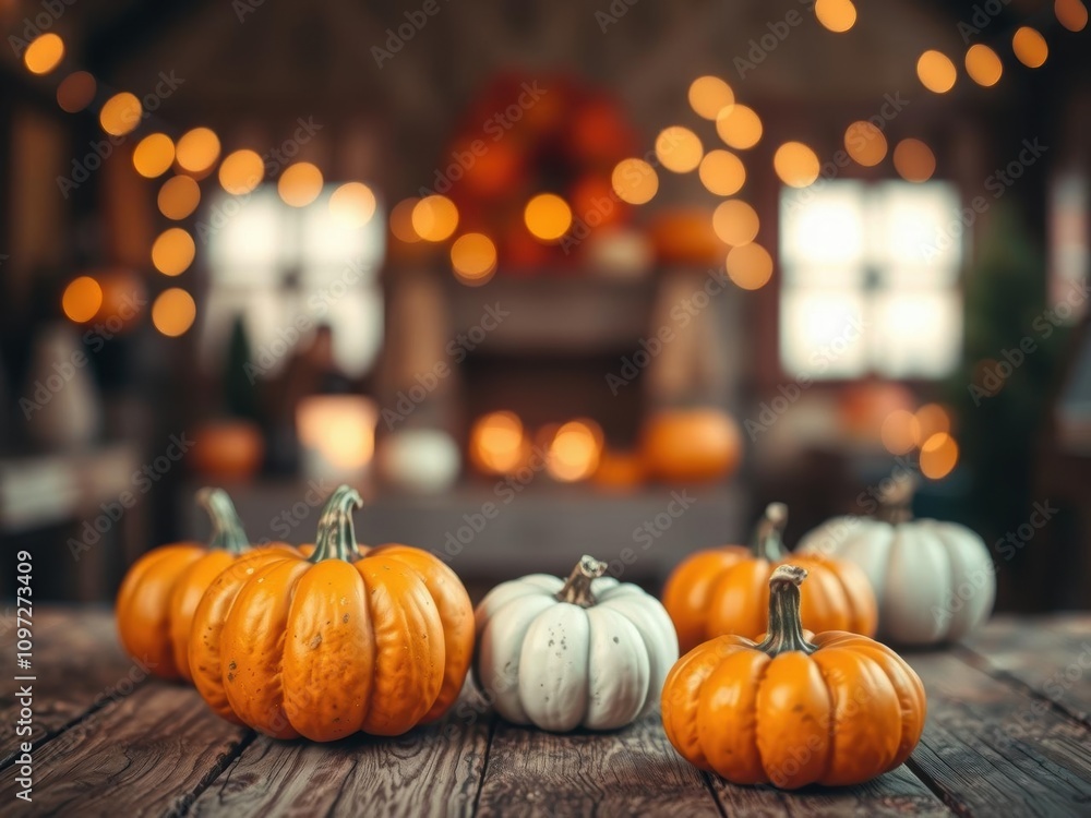 Orange pumpkins on a wooden table with a glowing bokeh background, perfect for Halloween decorations, harvest, rustic Orange pumpkins on a wooden table with a glowing bokeh background, perfect for Halloween decorations, harvest, rustic