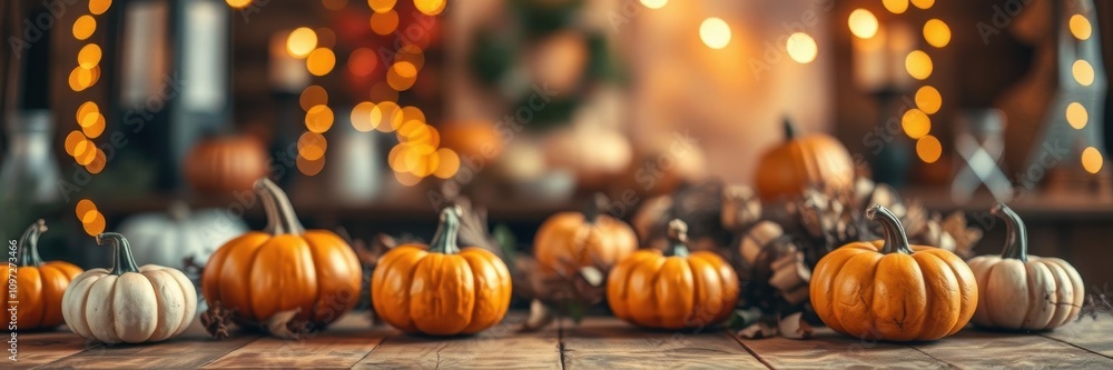 Orange pumpkins arranged on a wooden table, with a soft bokeh glowing background; festive Halloween display, holiday, copy space Orange pumpkins arranged on a wooden table, with a soft bokeh glowing background; festive Halloween display, holiday, copy space