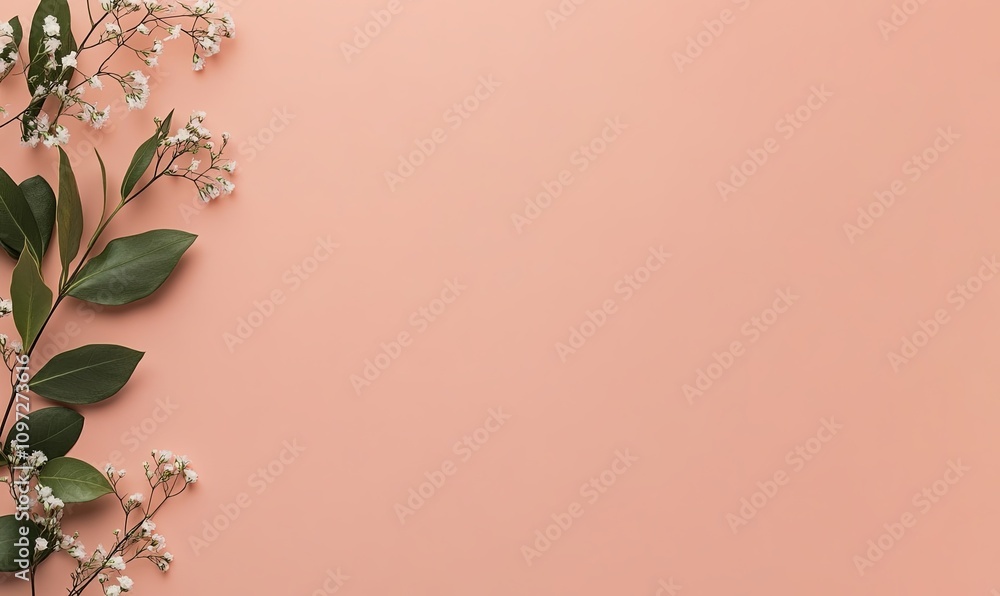 Flat lay of delicate white flowers and green leaves on a peach background, leaving ample copy space. Flat lay of delicate white flowers and green leaves on a peach background, leaving ample copy space.