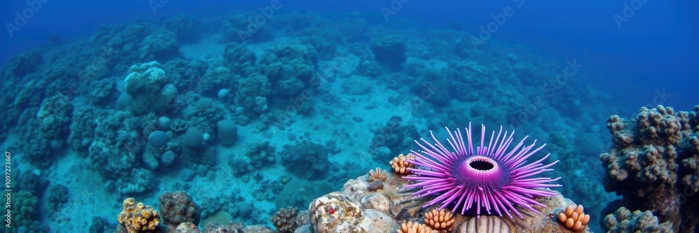 Obraz premium Purple sea urchin on rocky reef in Channel Islands, California, underwater, sea creatures