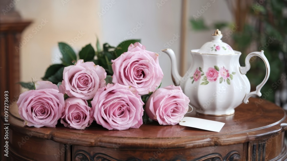 Pink roses and tea for Mother's Day on vintage wood table with gift tag. Pink roses and tea for Mother's Day on vintage wood table with gift tag.