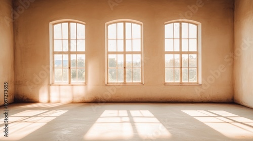 Three large windows in an empty room, sunlight streaming in.