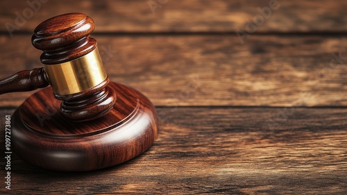 Wooden gavel on wooden table, symbolizing justice and law photo