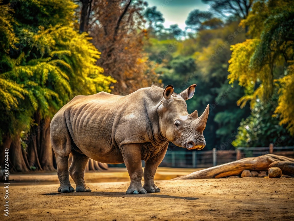 Fototapeta premium Minimalist Rhino Zoo Photography: Wildlife Enclosure, Grey Rhino, Tree Background, Simple Nature Image