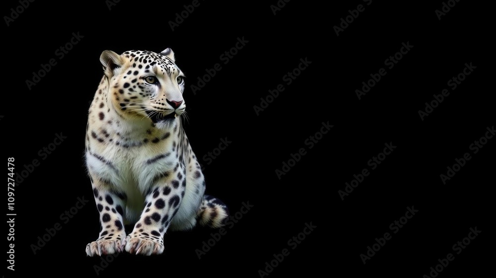 Obraz premium Snow leopard standing alone in a majestic pose on a dark black background, snow leopard, predator