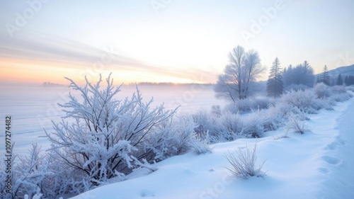 Wallpaper Mural Snow-covered trees bathed in the warm glow of sunrise in a serene winter landscape, trees, icy Torontodigital.ca