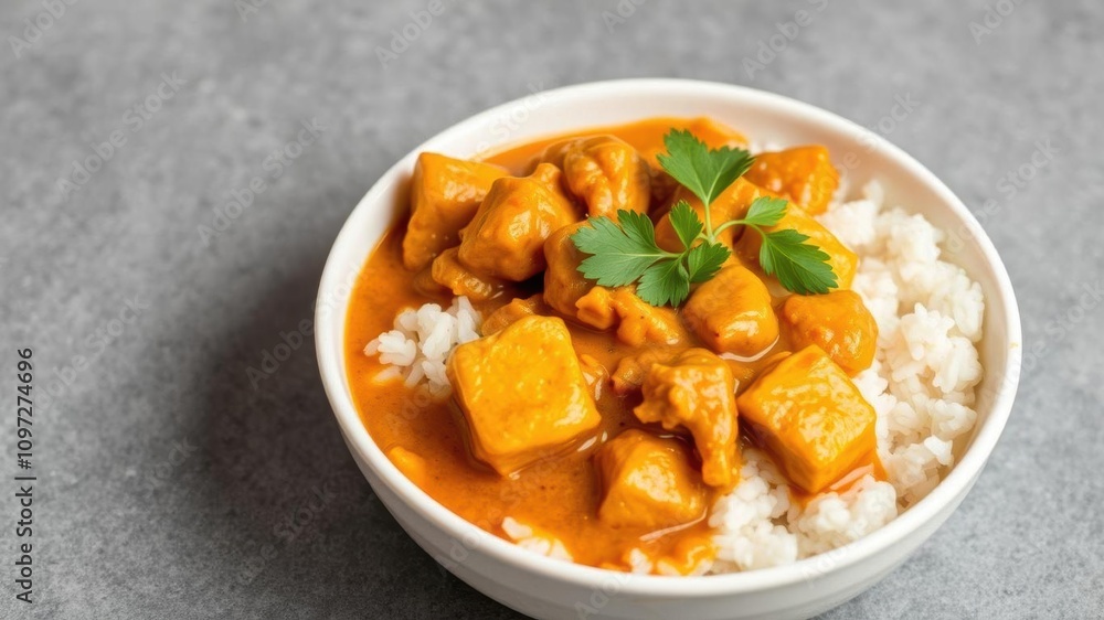 Thai chicken and peanut curry served with fluffy rice in a white ceramic bowl, set against a plain gray background, homemade, spicy Thai chicken and peanut curry served with fluffy rice in a white ceramic bowl, set against a plain gray background, homemade, spicy