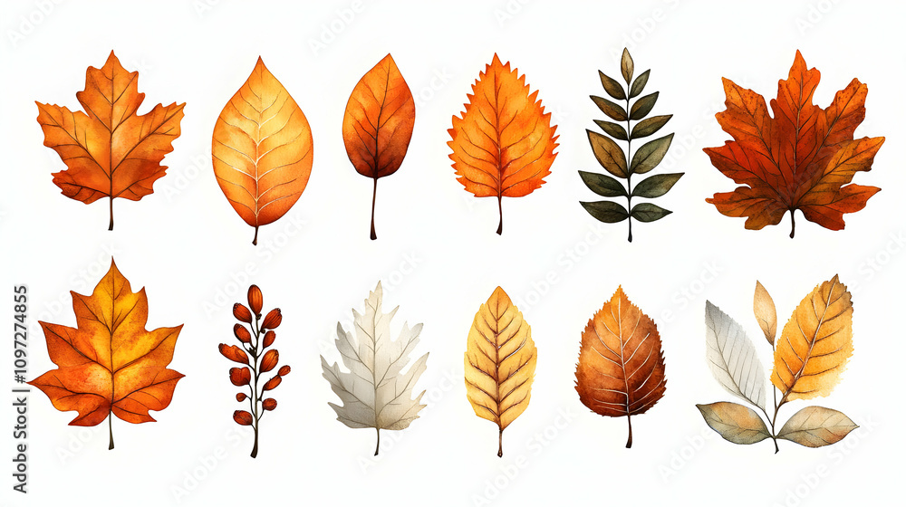 Obraz premium Autumn Watercolor Leaf Illustration Set