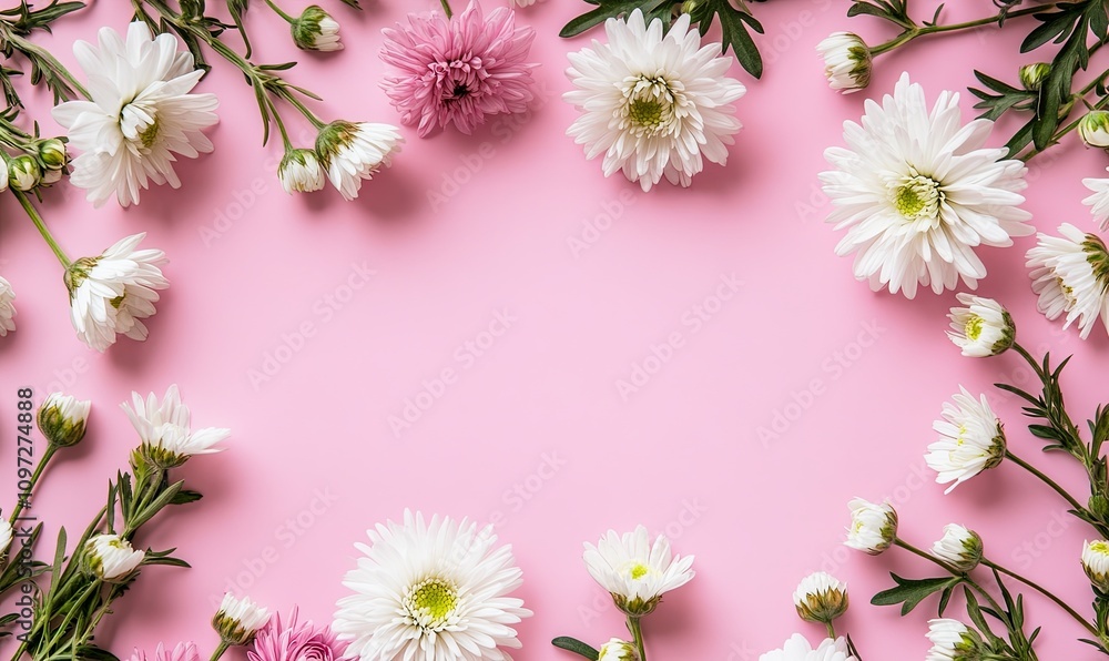 Flat lay of white and pink chrysanthemum flowers arranged in a frame on a pink background. Flat lay of white and pink chrysanthemum flowers arranged in a frame on a pink background.