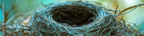 Empty Nest: An abandoned bird's nest, its former inhabitants nowhere to be seen, conveying a sense of loss and abandonment. photo