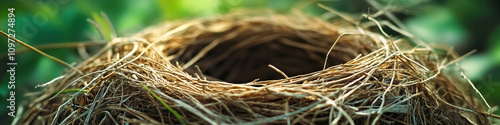 Empty Nest: An abandoned bird's nest, its former inhabitants nowhere to be seen, conveying a sense of loss and abandonment. photo