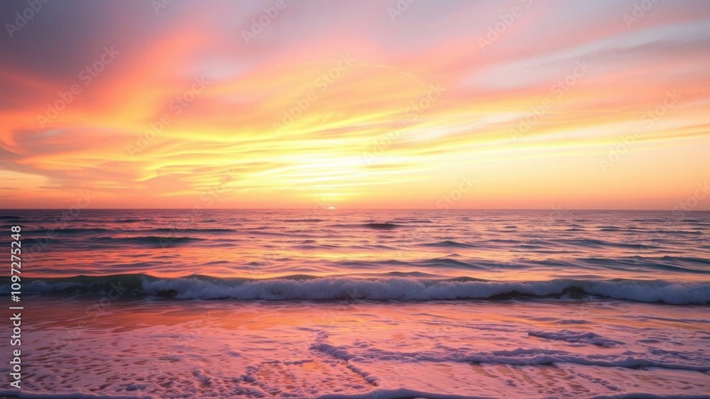 Obraz premium Vibrant sunrise over a tranquil beach with colorful sky and calm waters, colorful, dawn