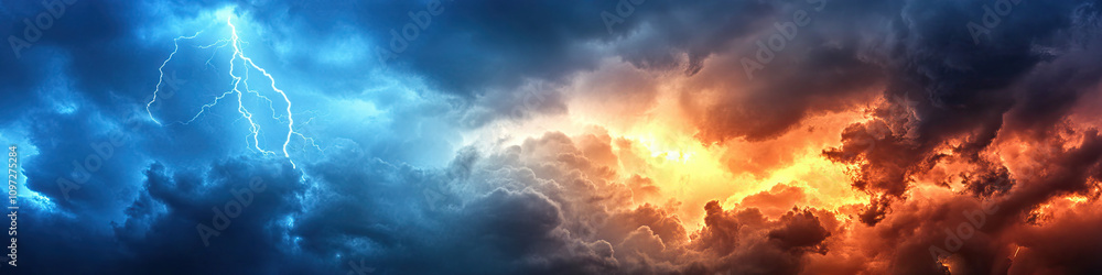 Fototapeta premium Emotional Storms: A cloudy sky, with lightning flashes and rain pouring down.