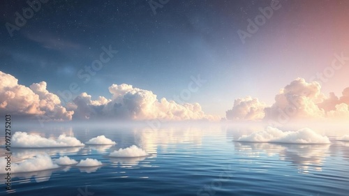 Vibrant image of heart shape on clear blue sky, two hearts hovering above calm water, fluffy clouds connecting with twinkling stars, picturesque, stars