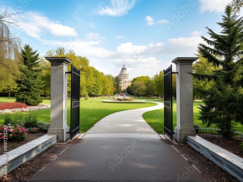 View of Gorkiy Park entrance in Kharkiv with lush green trees, colorful flowers, and a paved pathway leading to the park, view, flowers