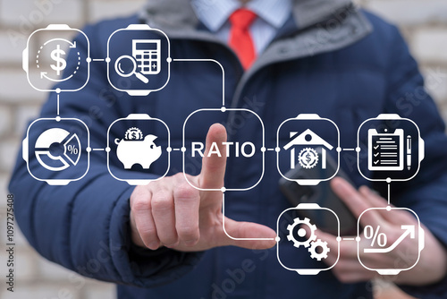 Obraz na płótnie Business person using virtual touchscreen presses word: RATIO. Financial Ratios Analysis Business Investment concept. Ratio financial profit and marketing liquidity taking into account solvency. w salonie