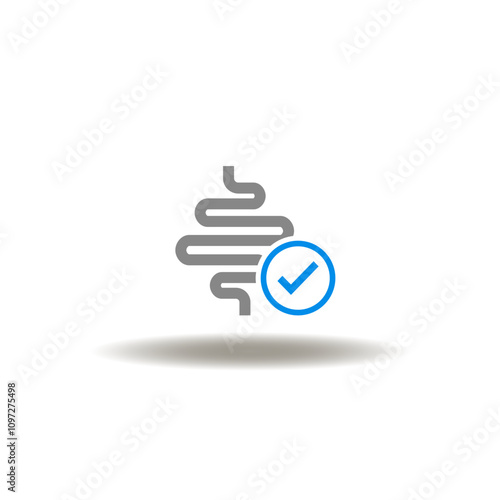 Vector illustration of intestine with check mark. Symbol of digestion and probiotics therapy.